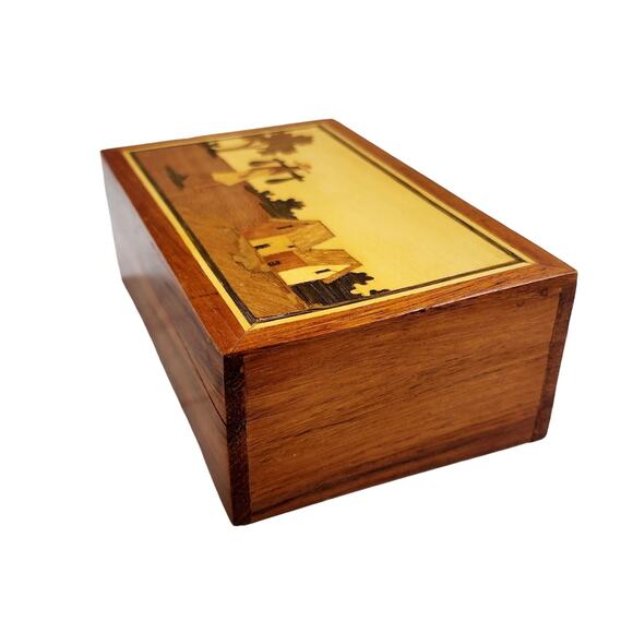 VTG Folk Art Marquetry Inlaided Wooden Trinket Catchall Trinket Box Primitive - Picture 3 of 7